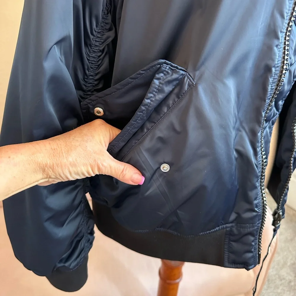 Tory Burch Bomber Jacket Deep Blue Sheen Tory Sport Zipper Pull Oversized Sz XS